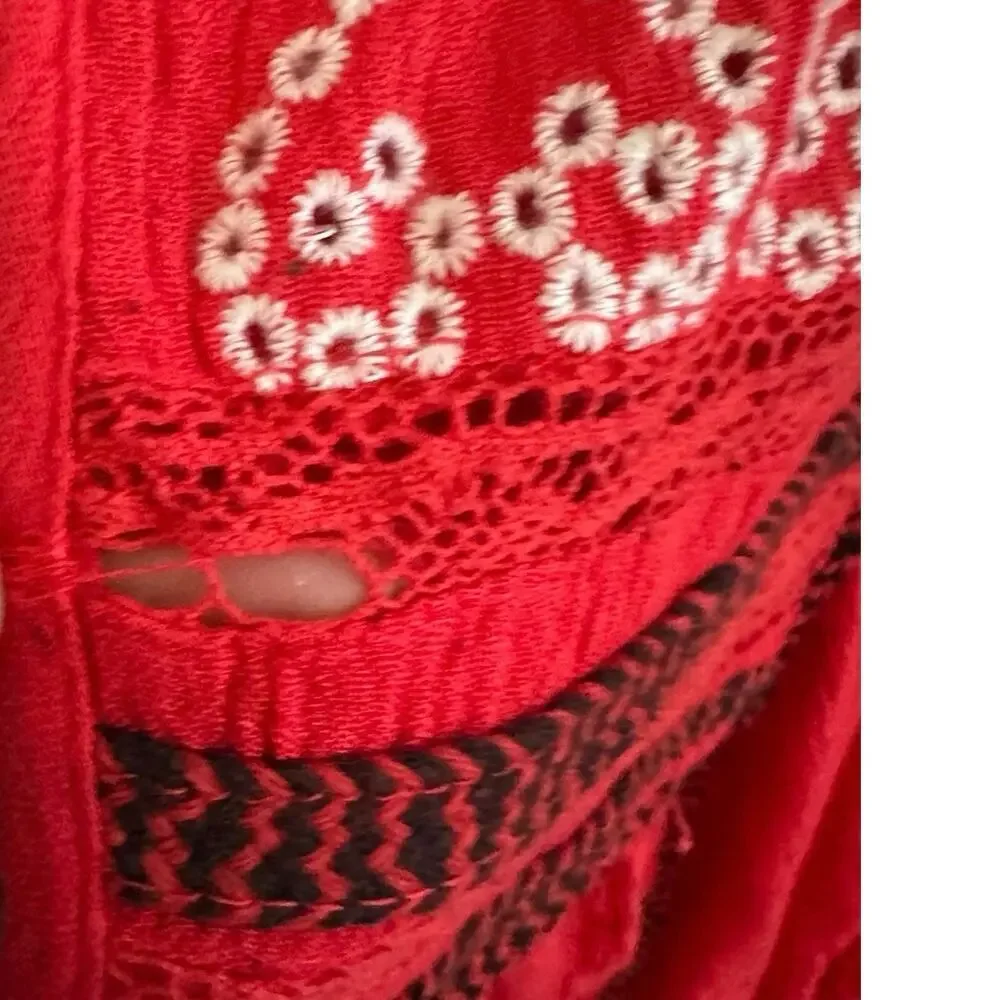 Free People Red Boho‎ Embroidered Lace Peasant Top Women’s Size S